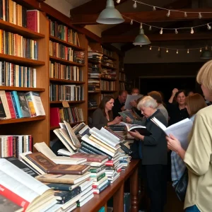 Community gathering celebrating literary achievements in Asheville.