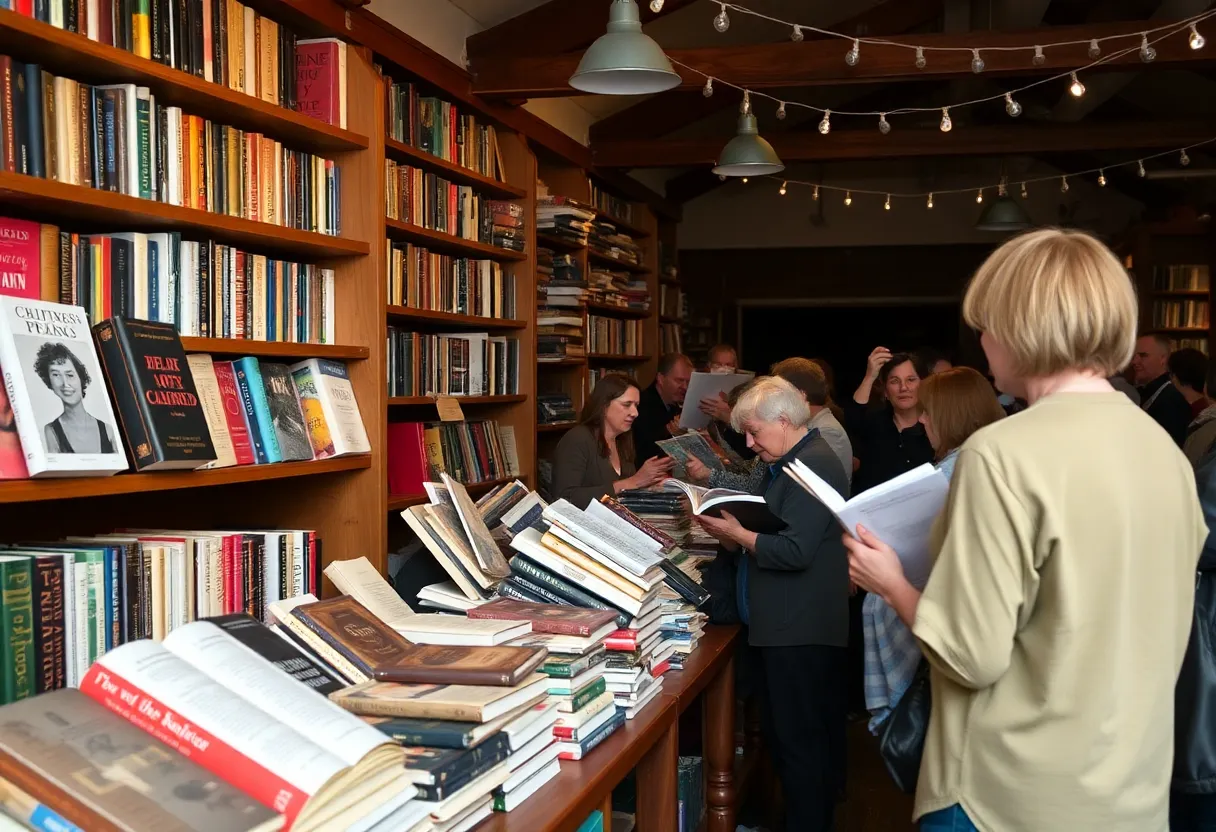 Community gathering celebrating literary achievements in Asheville.