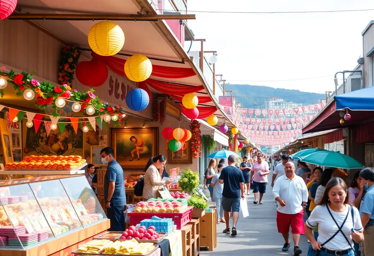 Festive scene of Buncombe County local festivals featuring food, music, and art.