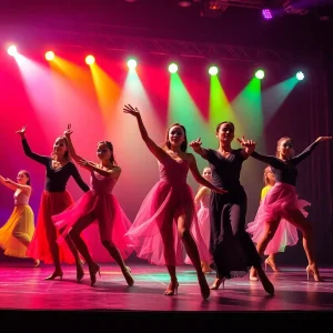 Dancers performing in 'Masquerade' with masks on stage