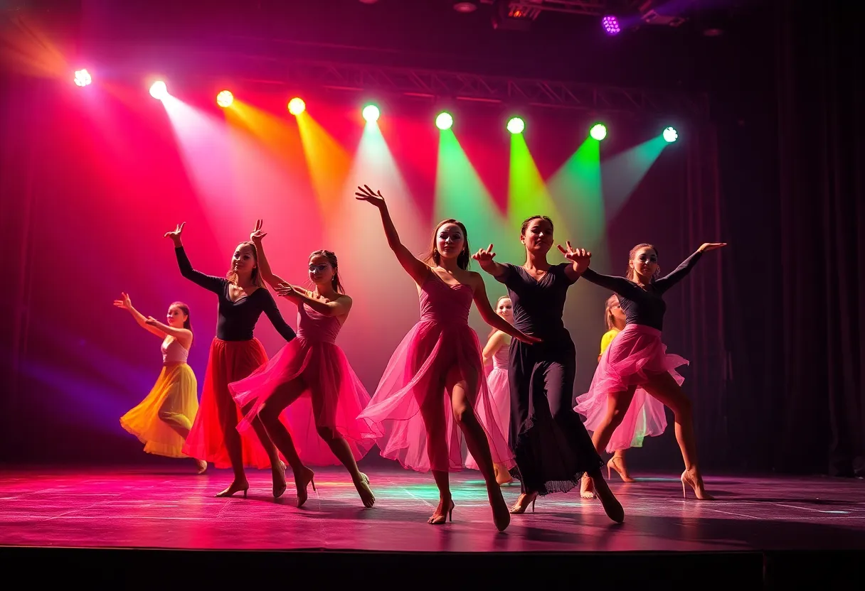 Dancers performing in 'Masquerade' with masks on stage
