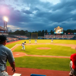 College baseball players in action during a game at Mercer University
