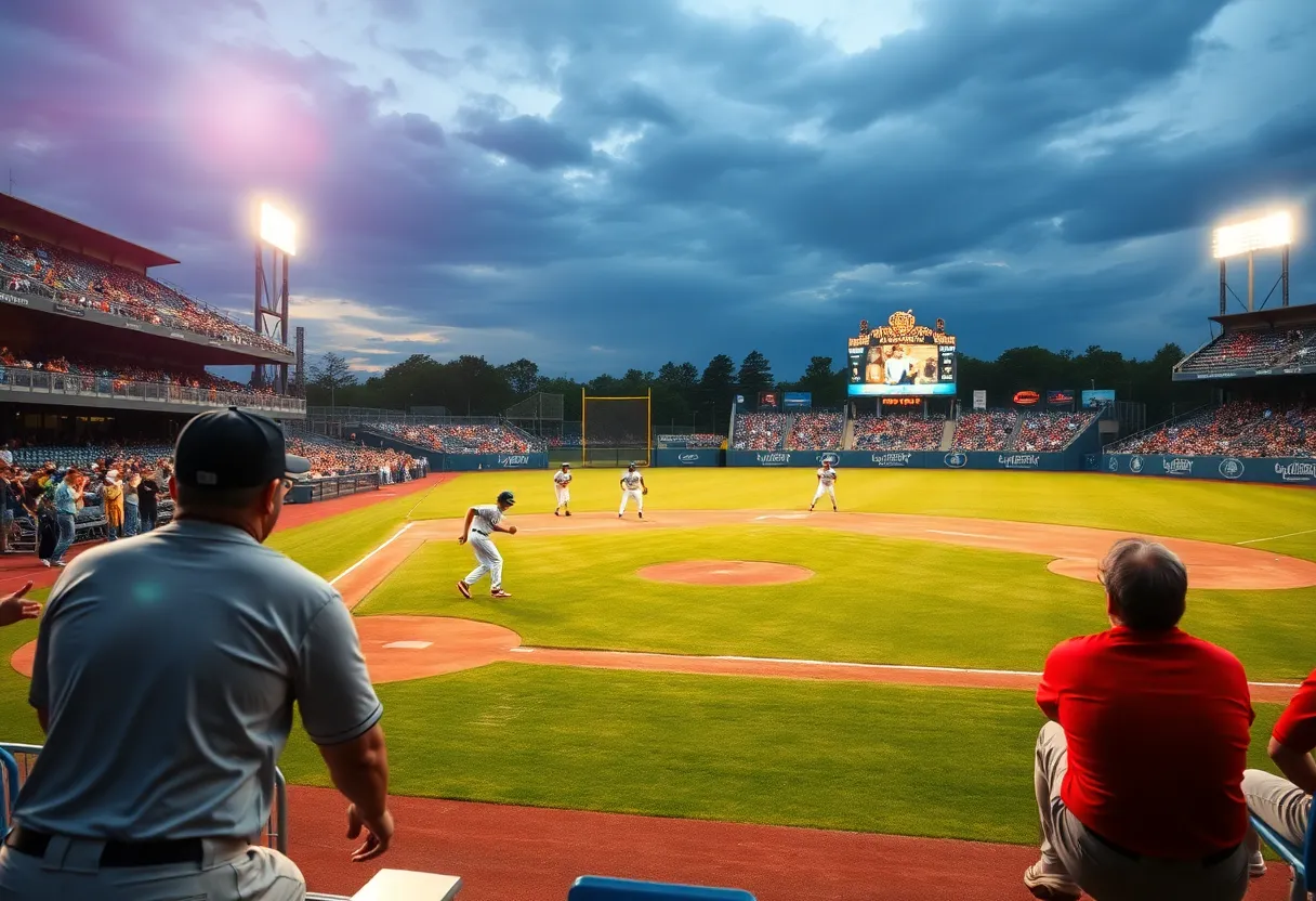 College baseball players in action during a game at Mercer University