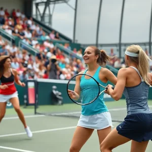Athletic women playing tennis match during a competition