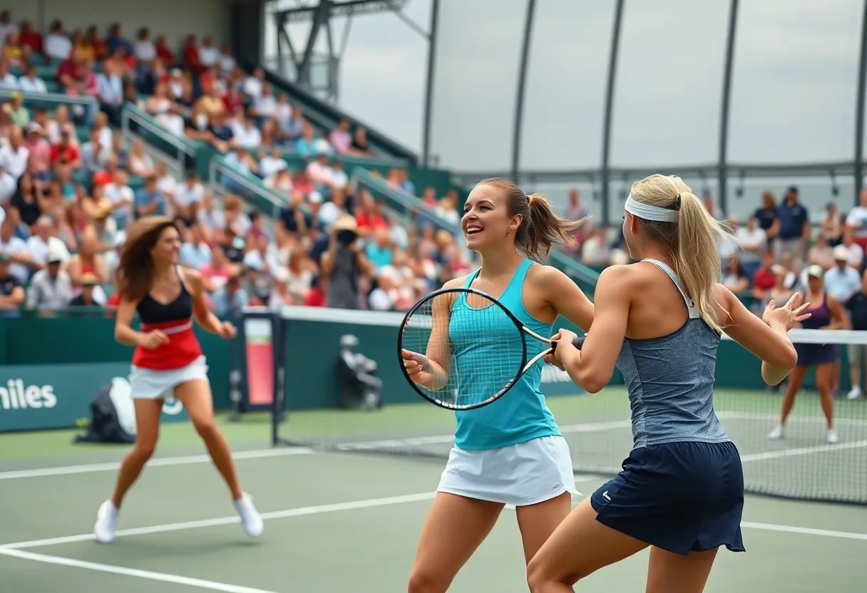 Athletic women playing tennis match during a competition