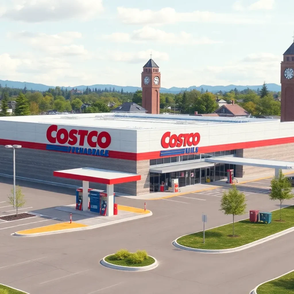 Rendering of the proposed Costco store in Asheville with gas station and parking lot.