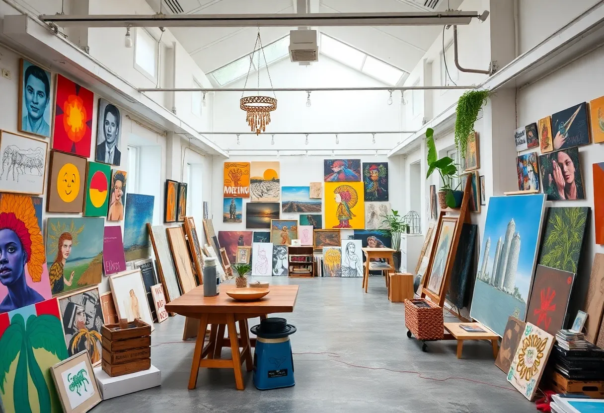Interior of Resurrection Studios Collective with artwork displayed