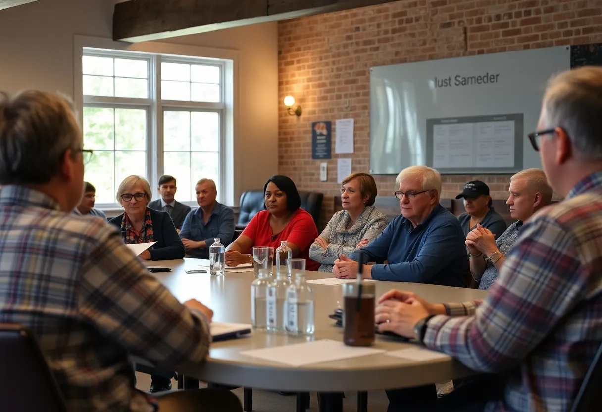 Community meeting in Asheville discussing post-hurricane scams