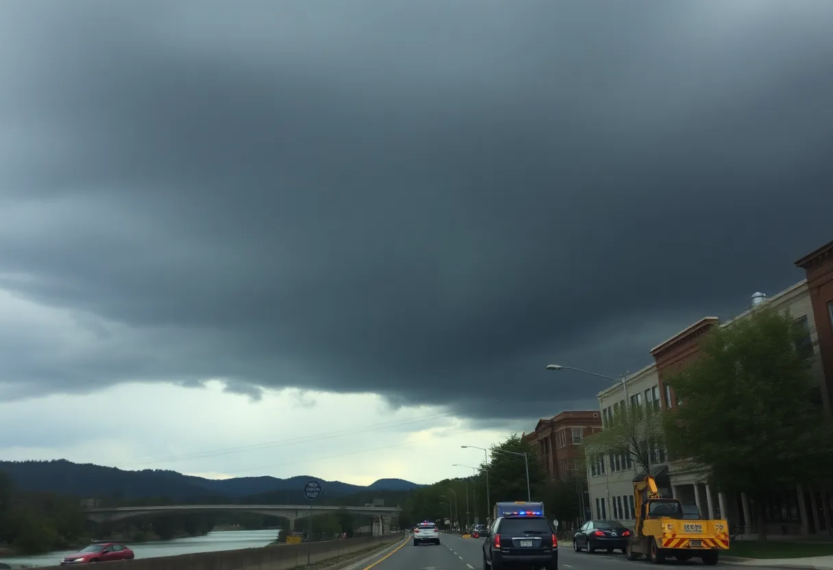 Dark storm clouds over Asheville with police and construction equipment