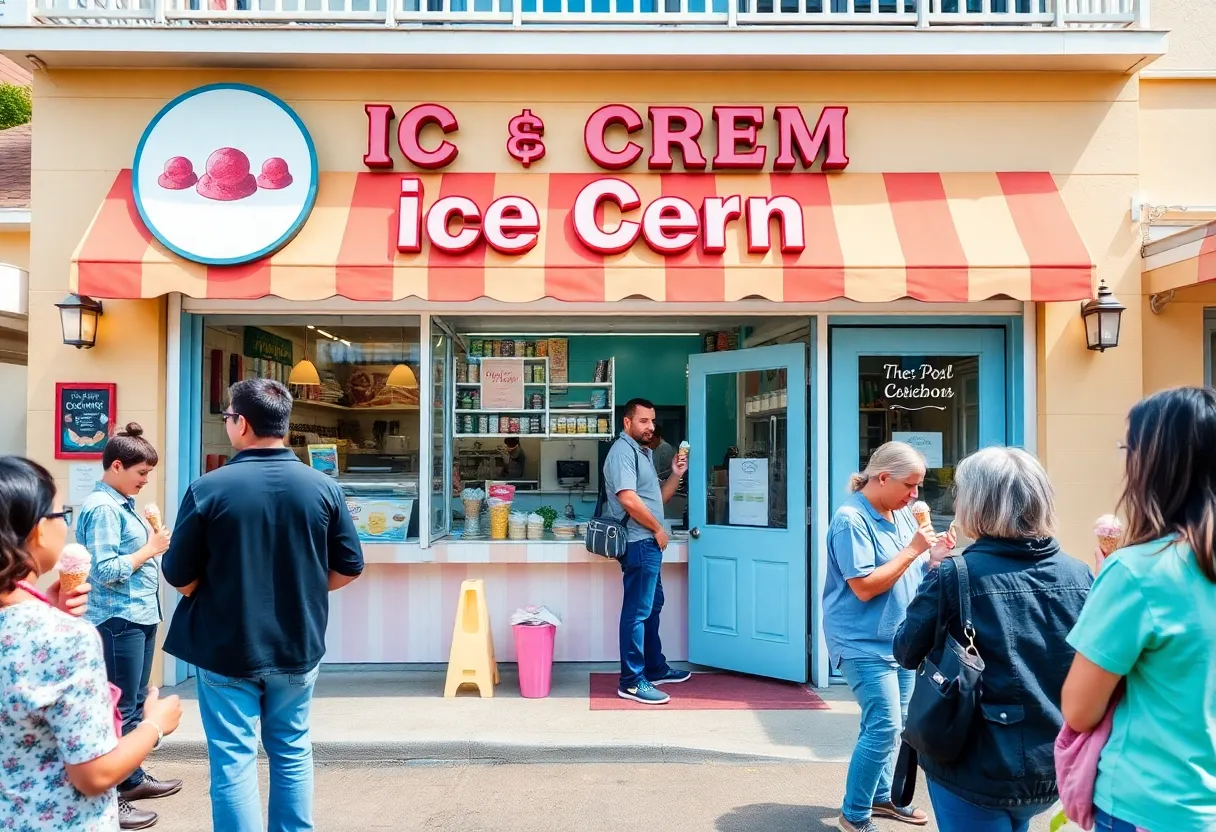 Exterior view of The Hop Ice Cream Shop in Asheville with customers enjoying ice cream.
