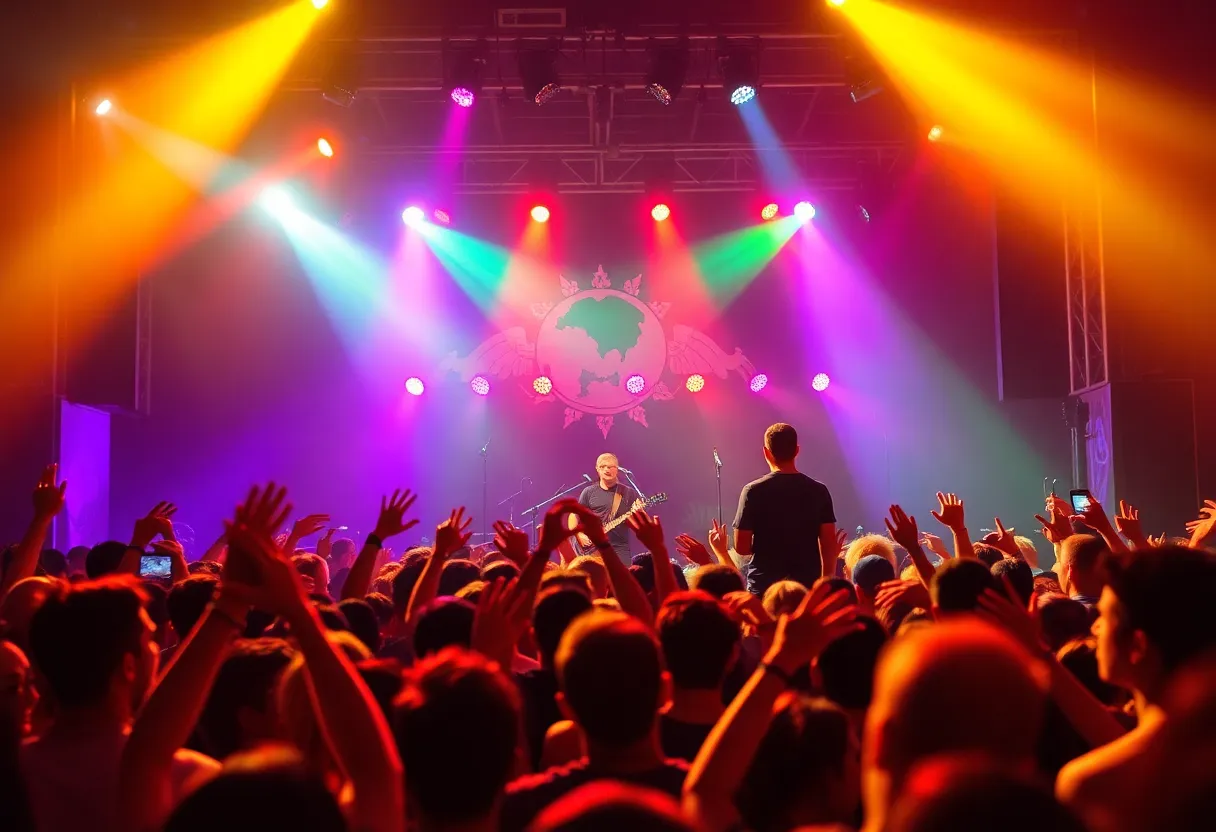 Crowd enjoying They Might Be Giants concert with bright stage lights