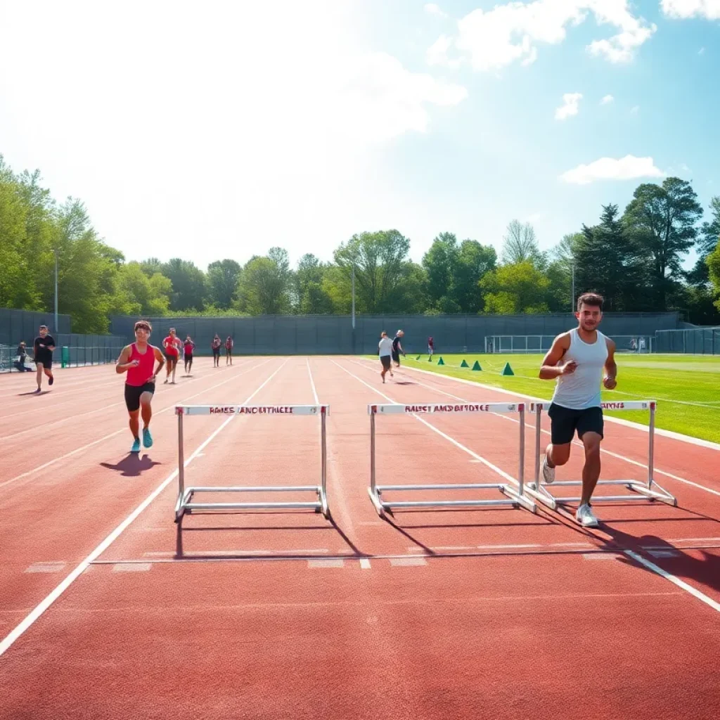 Outdoor track scene with athletes warming up for upcoming events