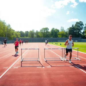 Outdoor track scene with athletes warming up for upcoming events