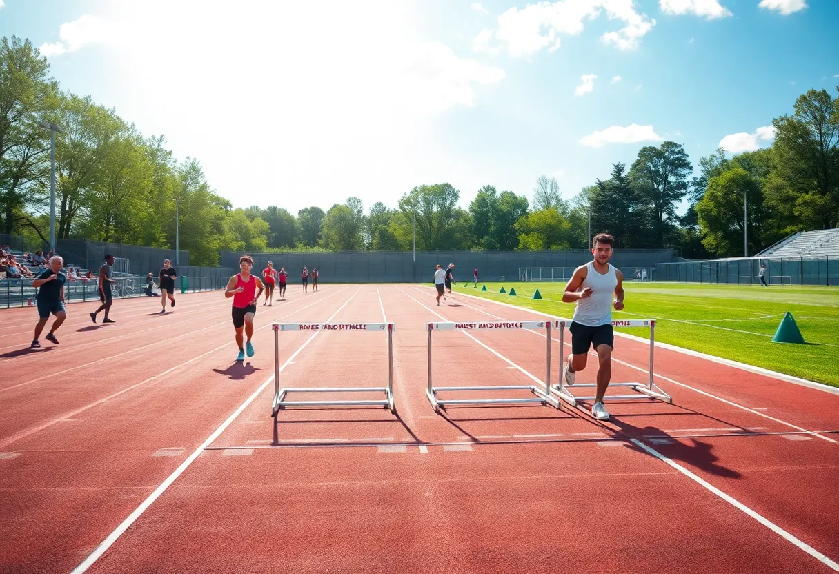 Outdoor track scene with athletes warming up for upcoming events