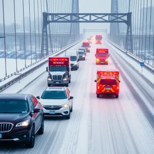 Winter traffic congestion on Capt. Jeff Bowen Bridge in Asheville