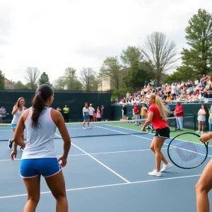 Women's tennis players competing during a college match