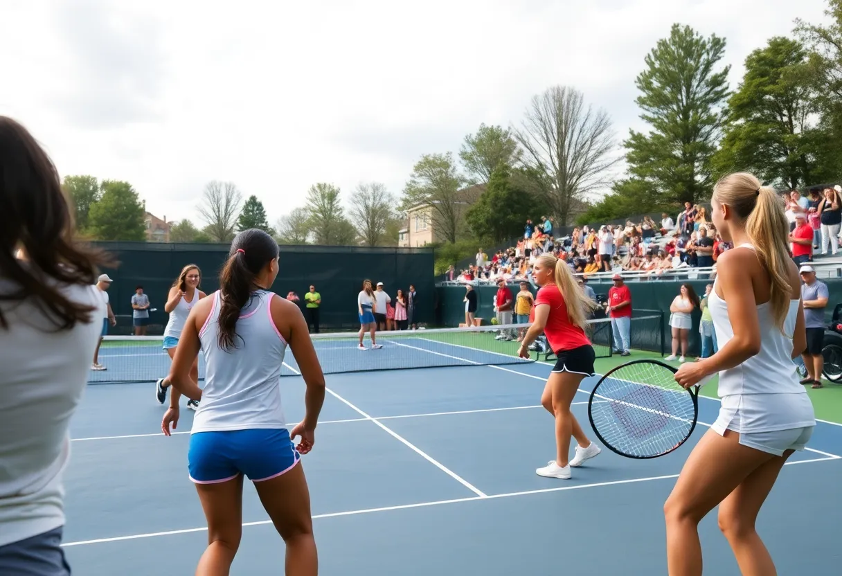 Women's tennis players competing during a college match