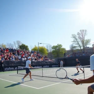 UNC Asheville Men's Tennis players competing in a match