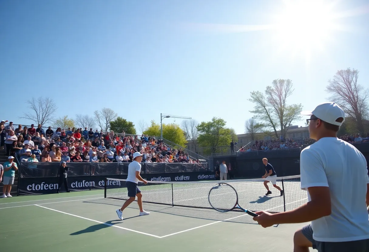 UNC Asheville Men's Tennis players competing in a match