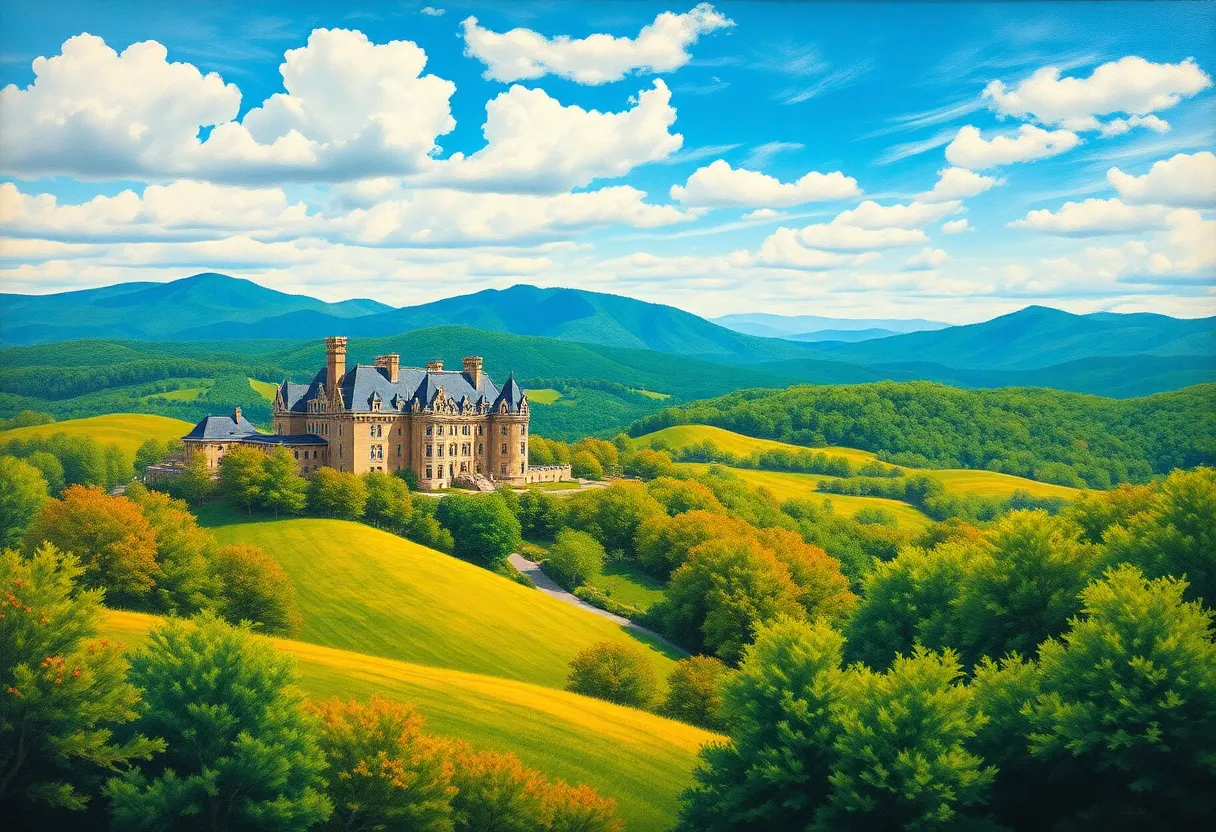 An oil painting of the Biltmore Estate landscape