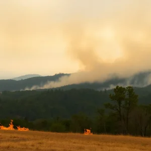 A wildfire burning in Western North Carolina woods with smoke rising and flames visible.