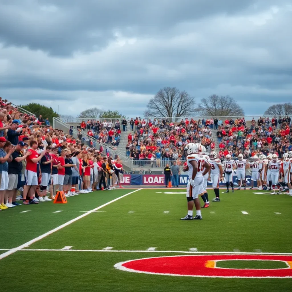 A.C. Reynolds Rockets football players practicing on the field with cheering fans in the background.