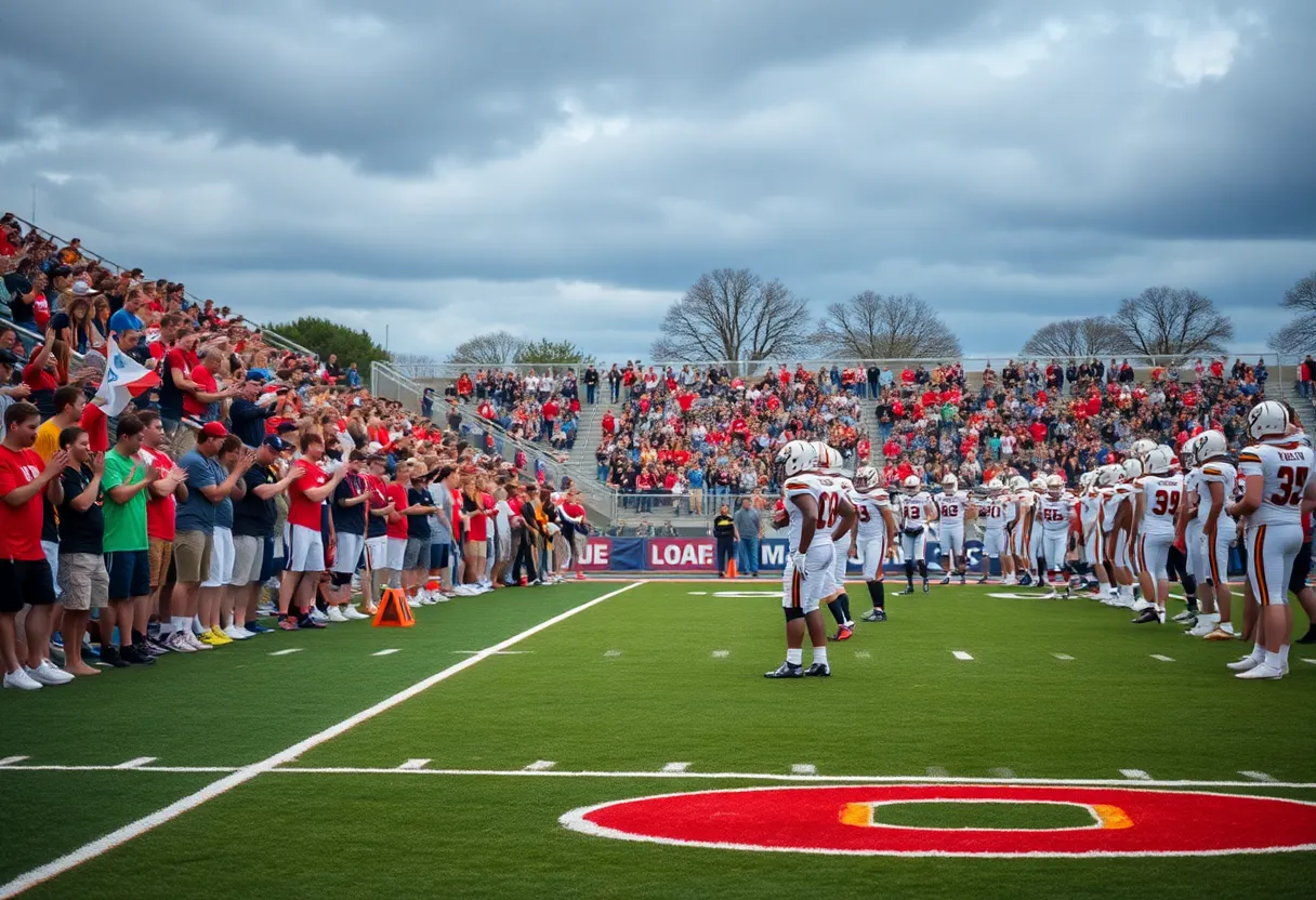 A.C. Reynolds Rockets football players practicing on the field with cheering fans in the background.