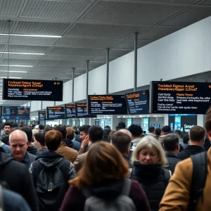 Long queues at an airport with error screens due to a major tech glitch