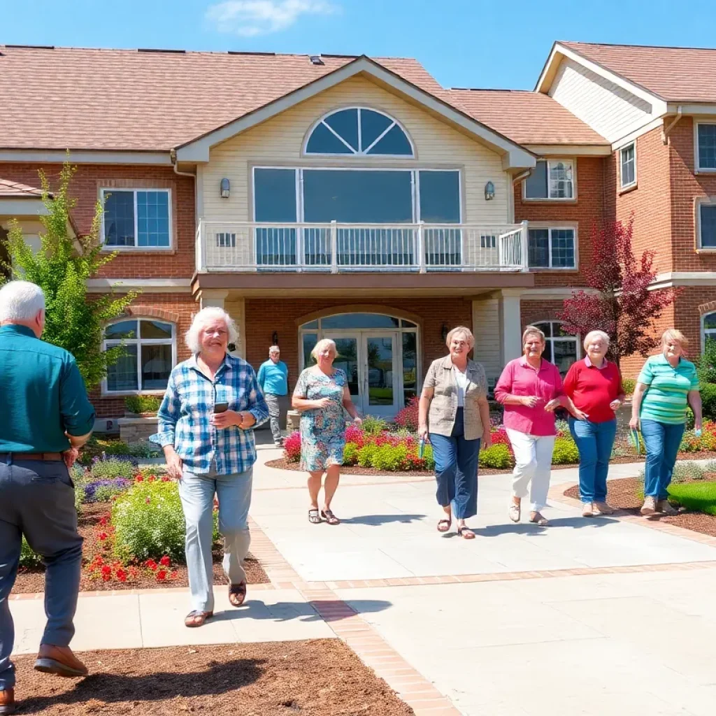 Beautiful garden in Aldersgate Retirement Community with elderly residents