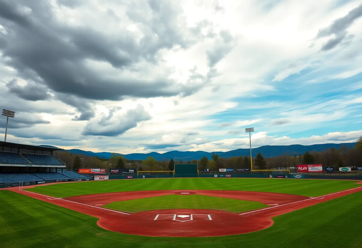 Empty Asheville baseball field under cloudy weather