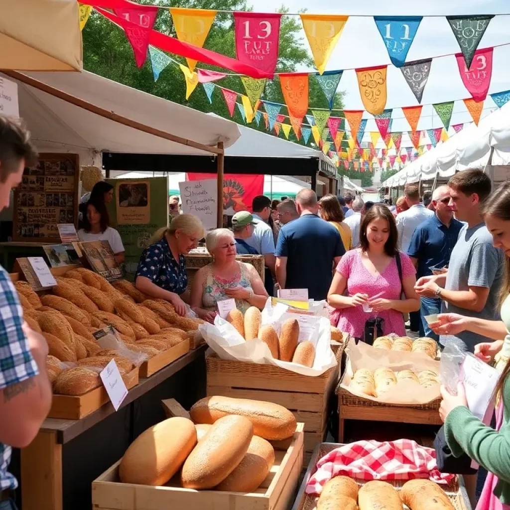 Crowd enjoying the Asheville Bread Festival with various artisan breads on display.