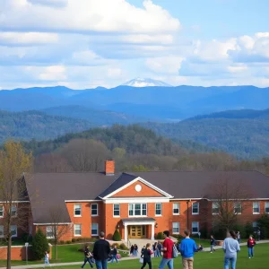 Scenic view of Asheville with students and school building