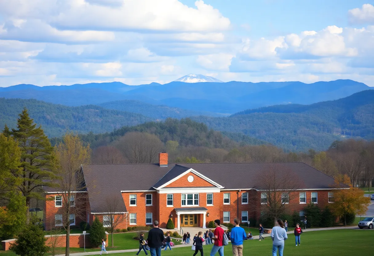 Scenic view of Asheville with students and school building