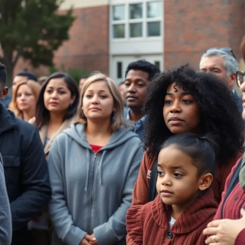 Community gathering outside a school in Asheville