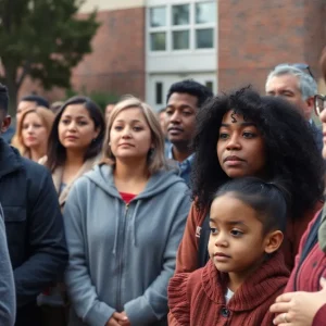 Community gathering outside a school in Asheville