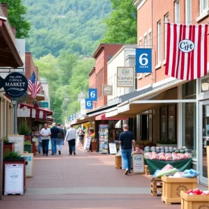 A busy street in Asheville, North Carolina, with local shops and the community engaging in daily activities.