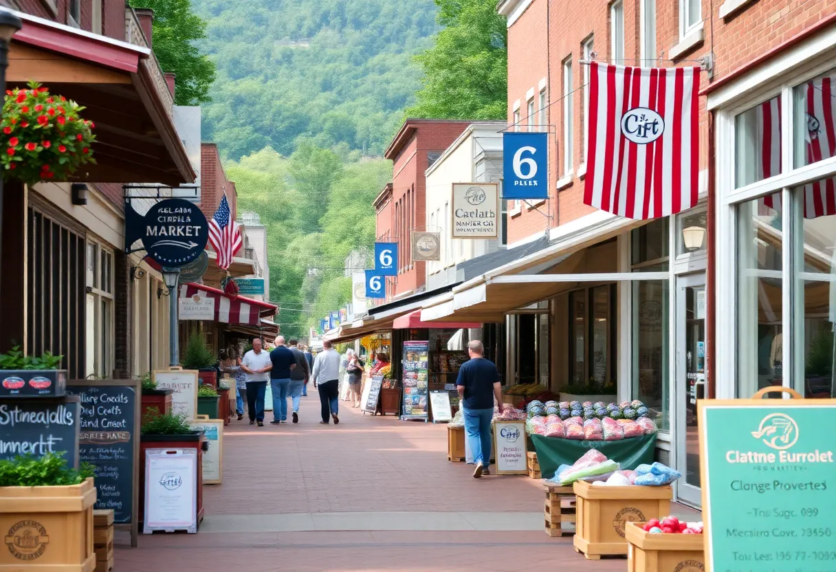 A busy street in Asheville, North Carolina, with local shops and the community engaging in daily activities.