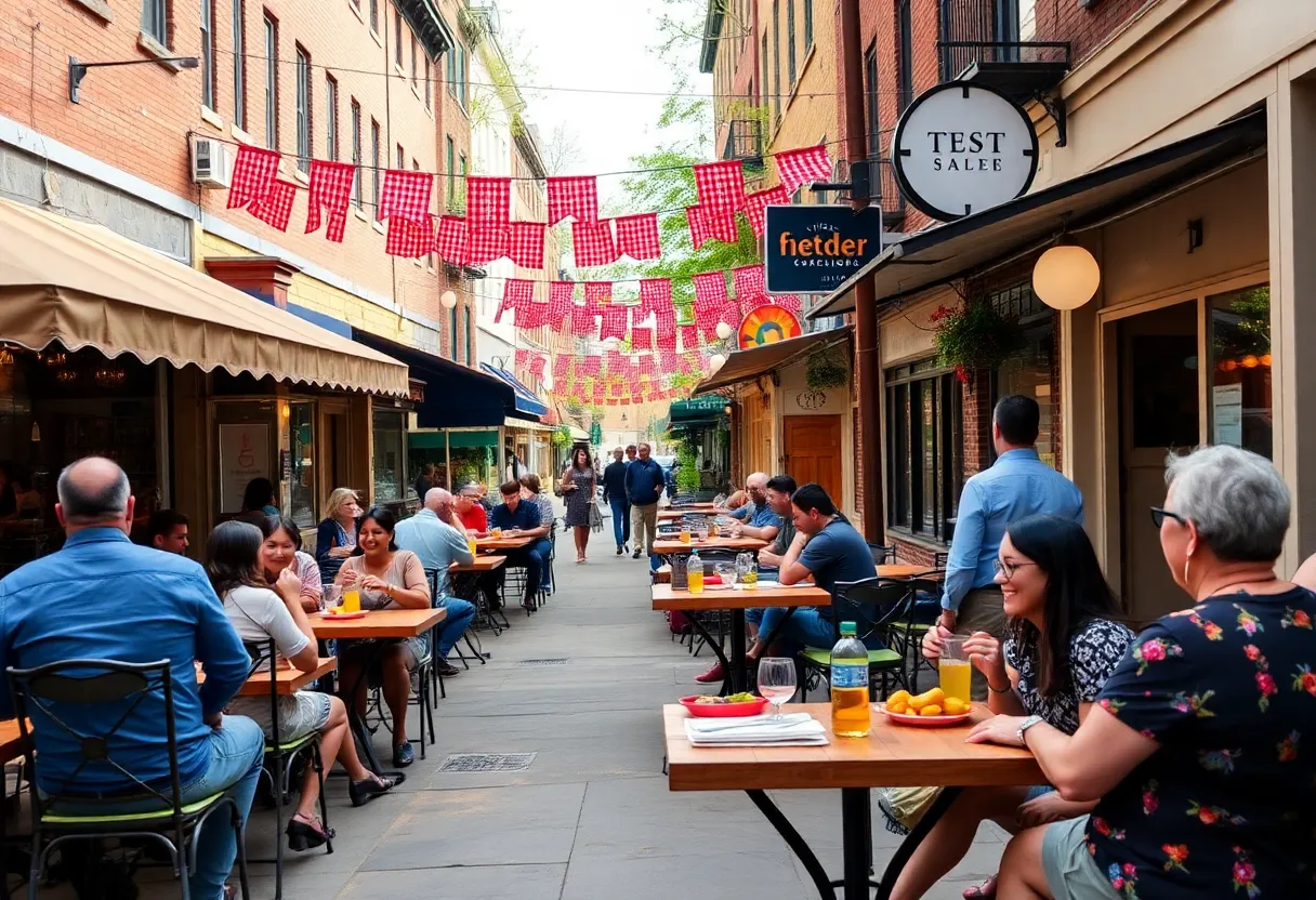Crowds enjoy outdoor dining in Asheville's food scene after recovery from Tropical Storm Helene.
