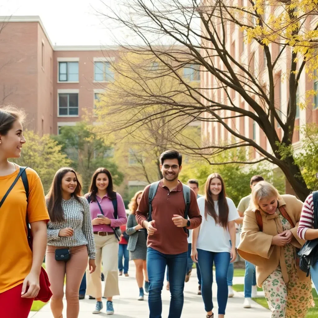 Students enjoying a sunny day on a college campus.