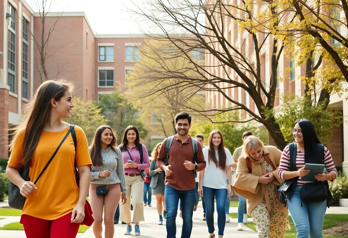 Students enjoying a sunny day on a college campus.