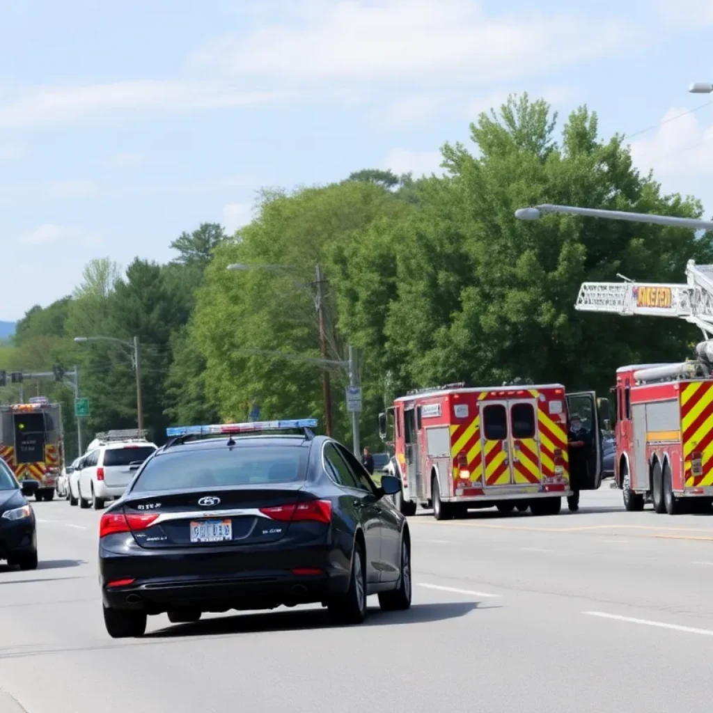 Asheville road closed due to gas leak with emergency responders present.