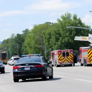 Asheville road closed due to gas leak with emergency responders present.