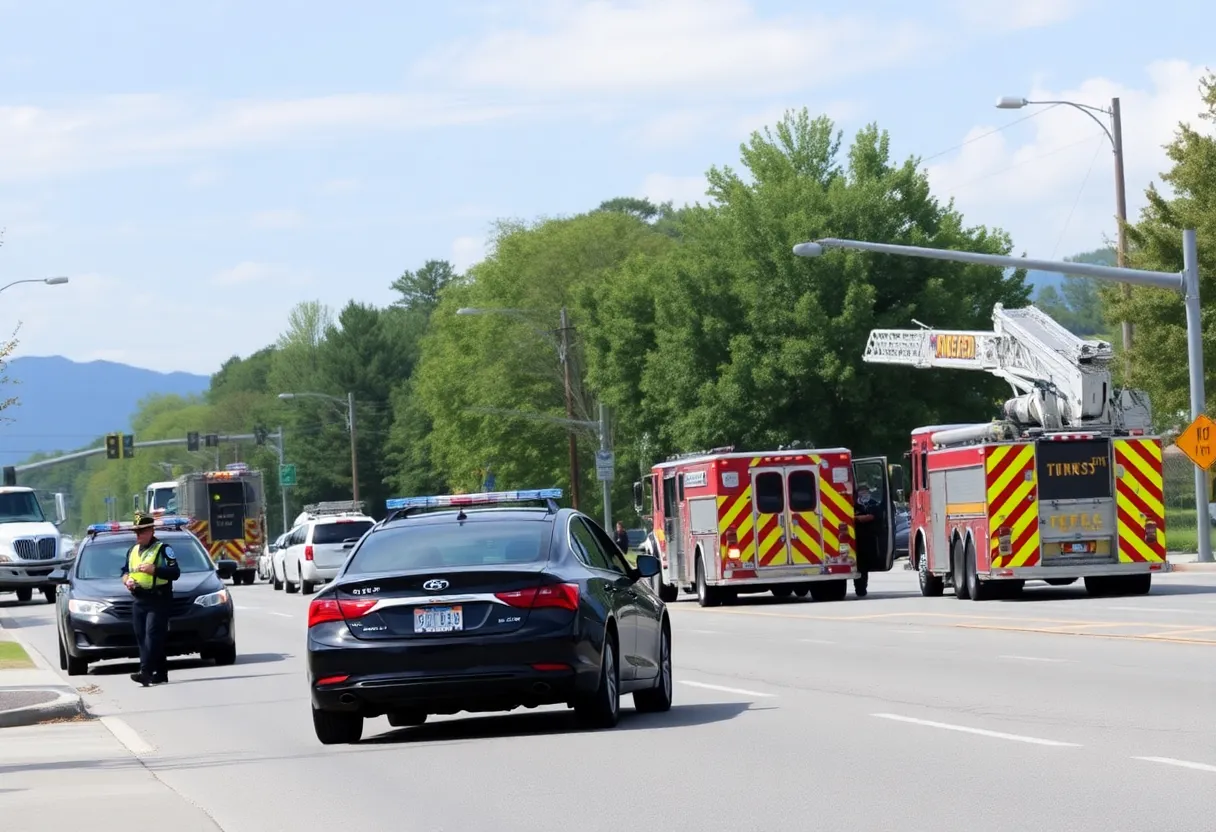 Asheville road closed due to gas leak with emergency responders present.