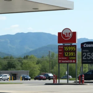 Gas station signage displaying prices in Asheville, NC