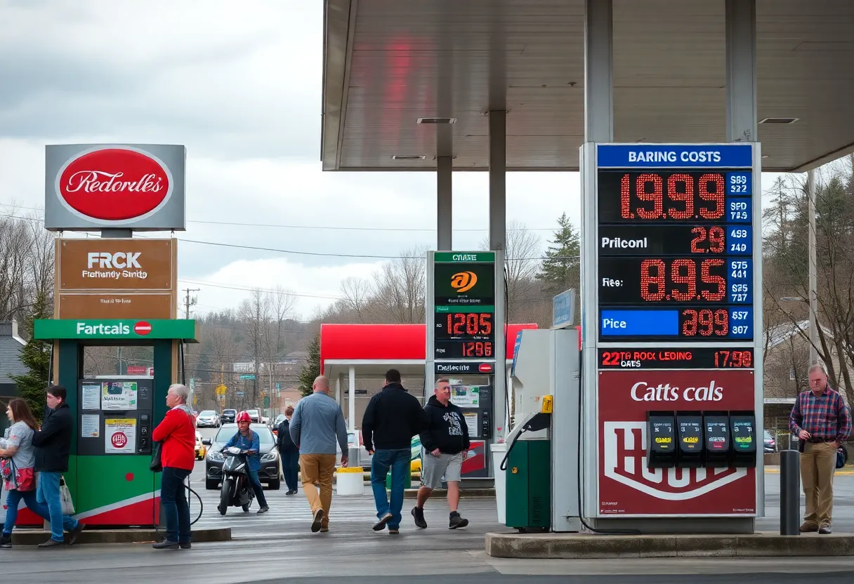 Gas station in Asheville with various fuel prices displayed on signs.