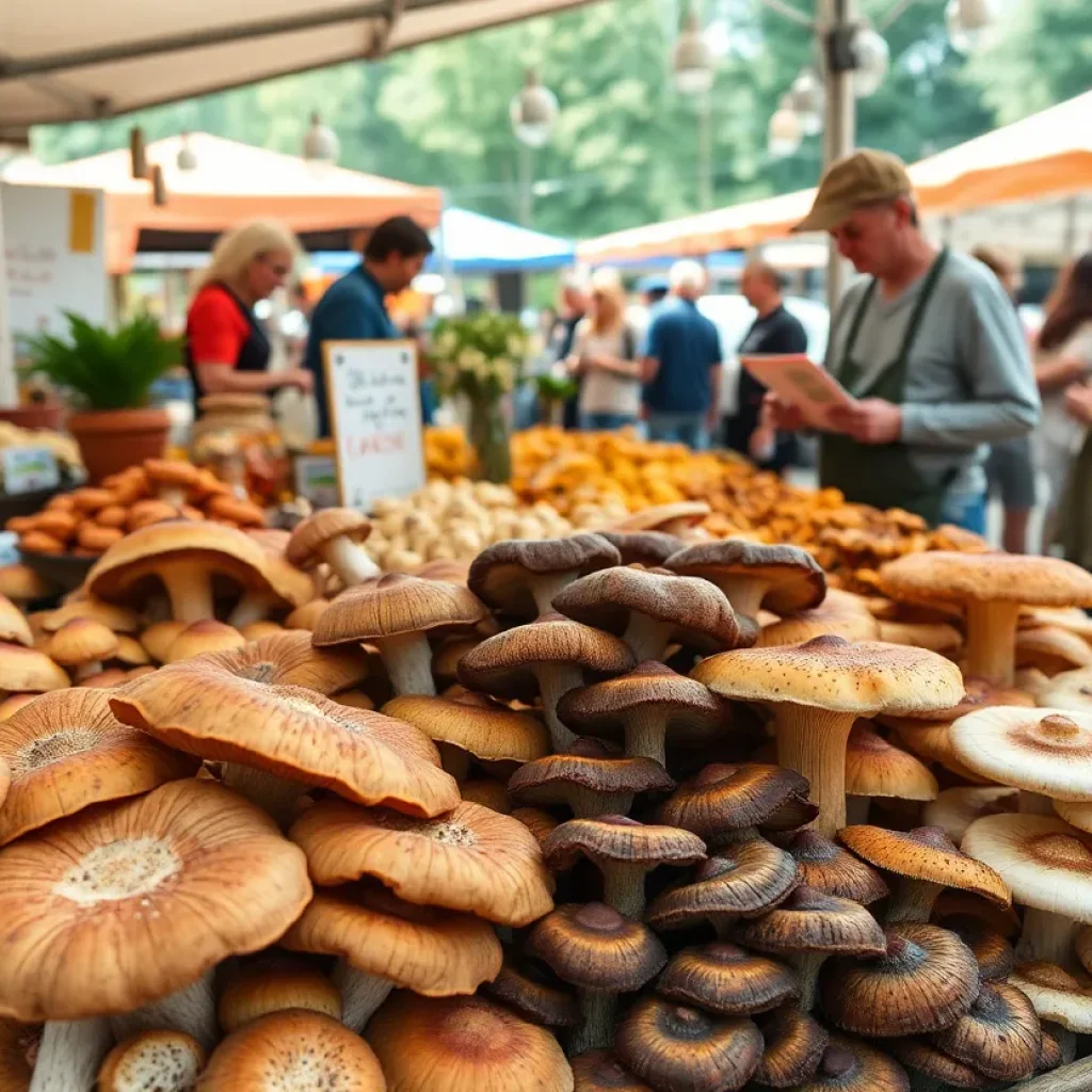 Colorful display of various mushrooms at a market in Asheville.