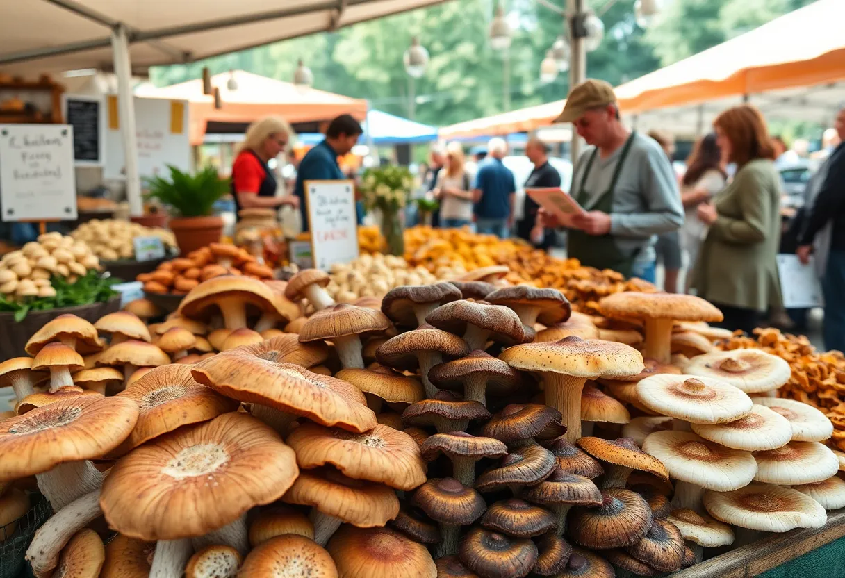 Colorful display of various mushrooms at a market in Asheville.