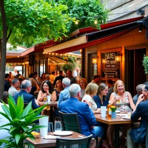 Patrons enjoying outdoor dining at a restaurant in Asheville