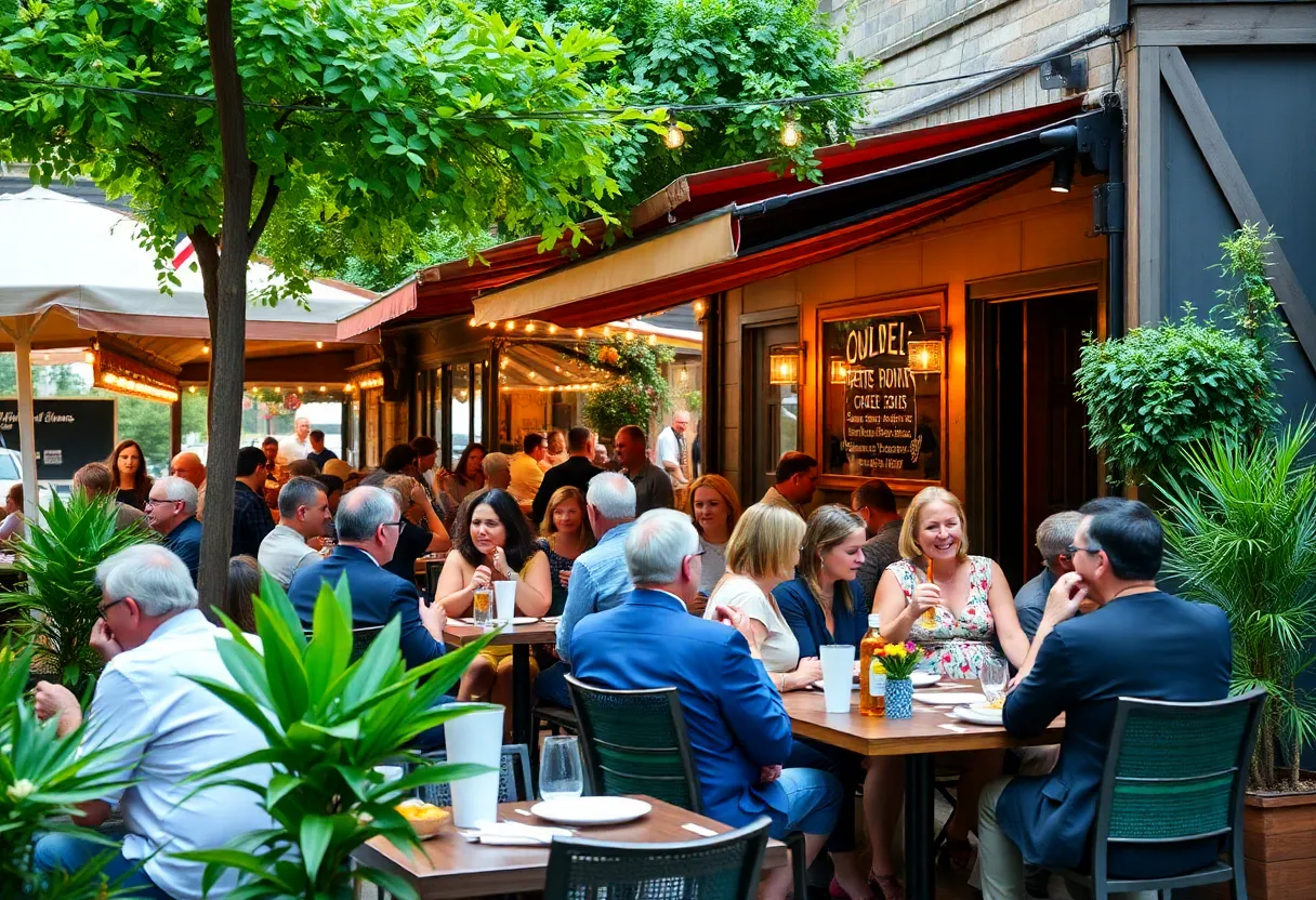 Patrons enjoying outdoor dining at a restaurant in Asheville
