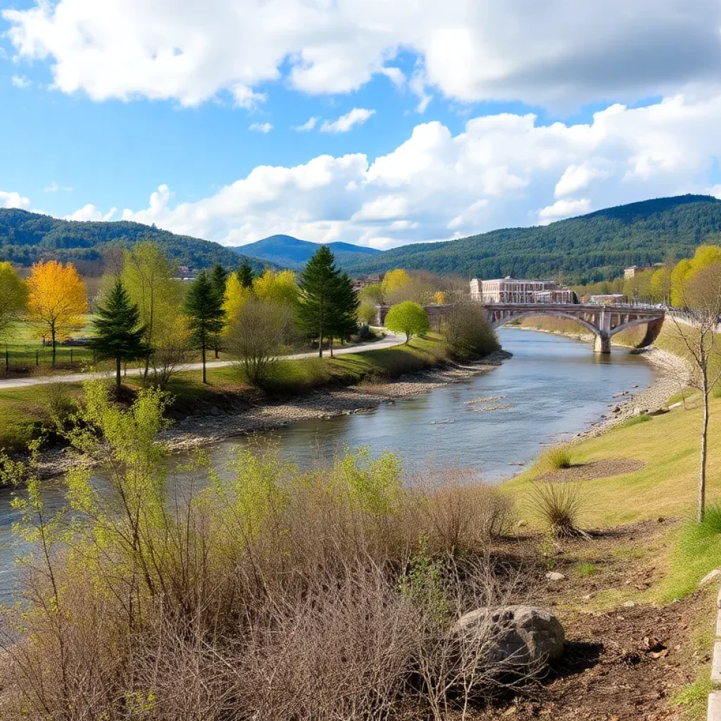 Scenic view of the French Broad River with parks in Asheville